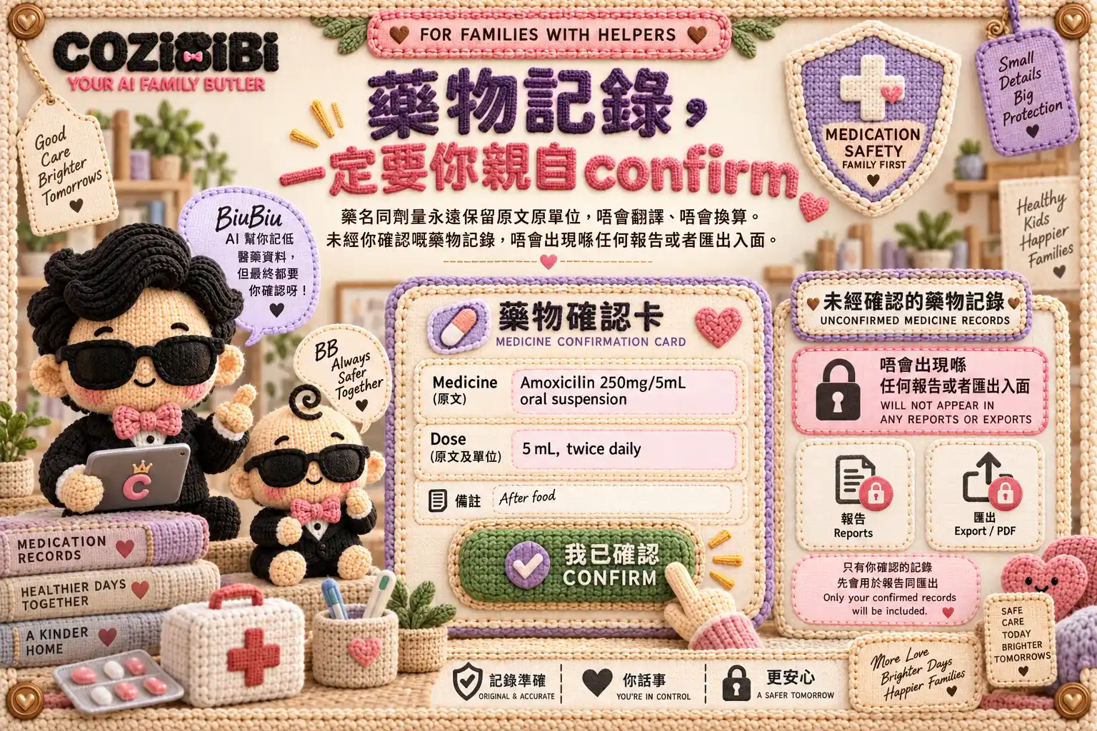 藥物確認卡（Medicine / Dose 原文顯示）