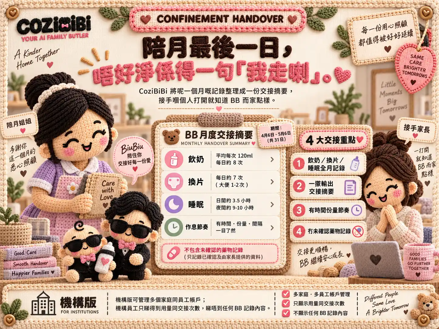 陪月月度交接摘要畫面，列出飲奶、換片、睡眠同作息節奏